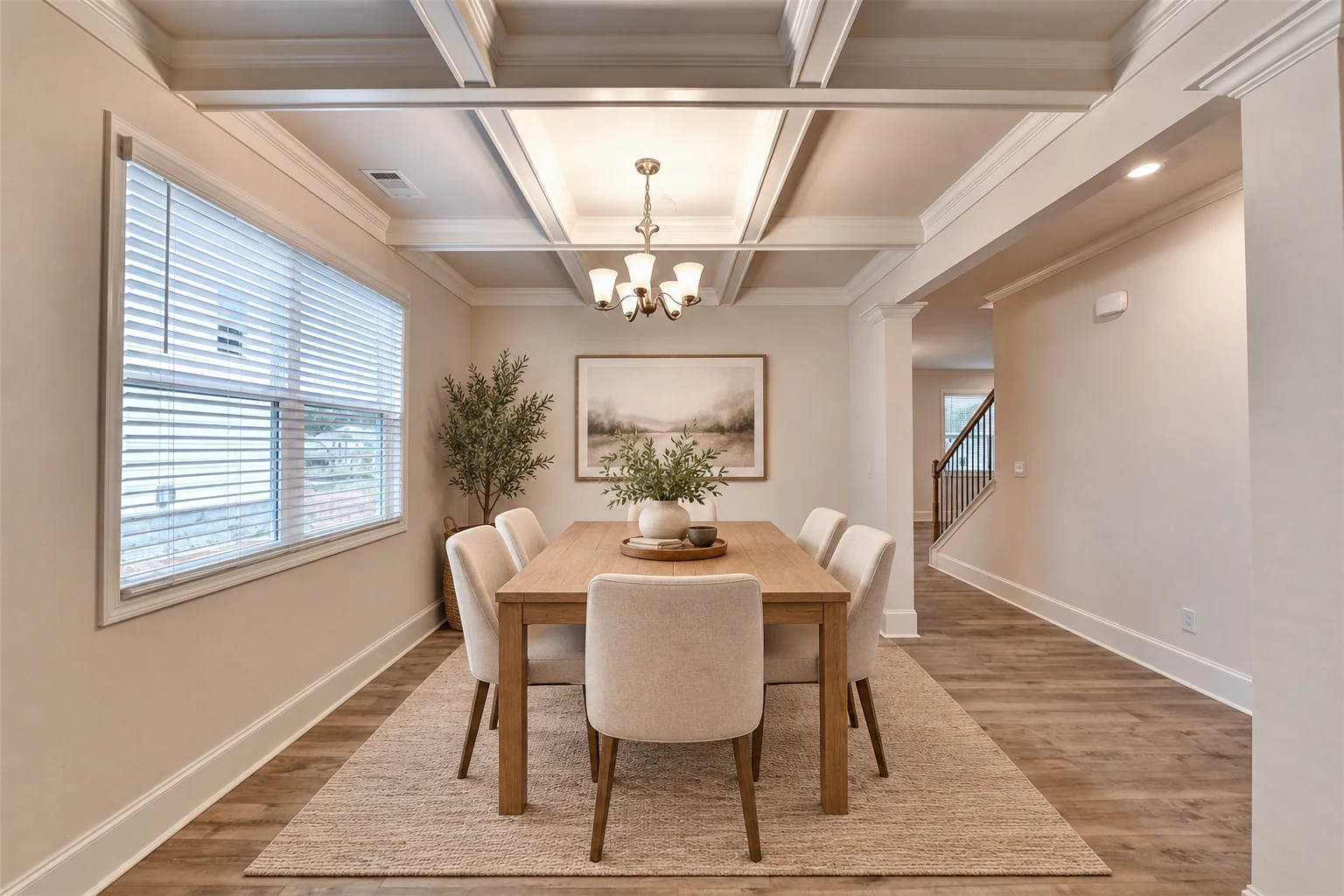 Separate dining room with coffered ceiling — virtually staged