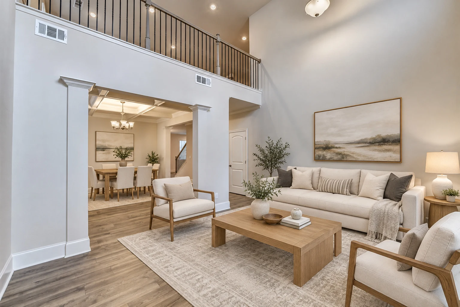 Two-story living room with an open upper railing and doorway to the dining room — virtually staged