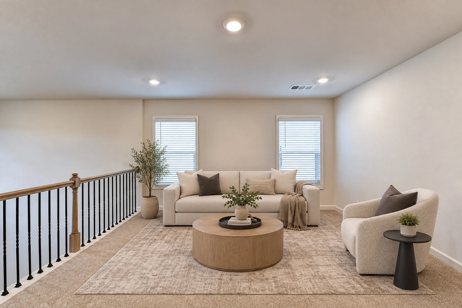Upstairs loft beside an open railing — virtually staged