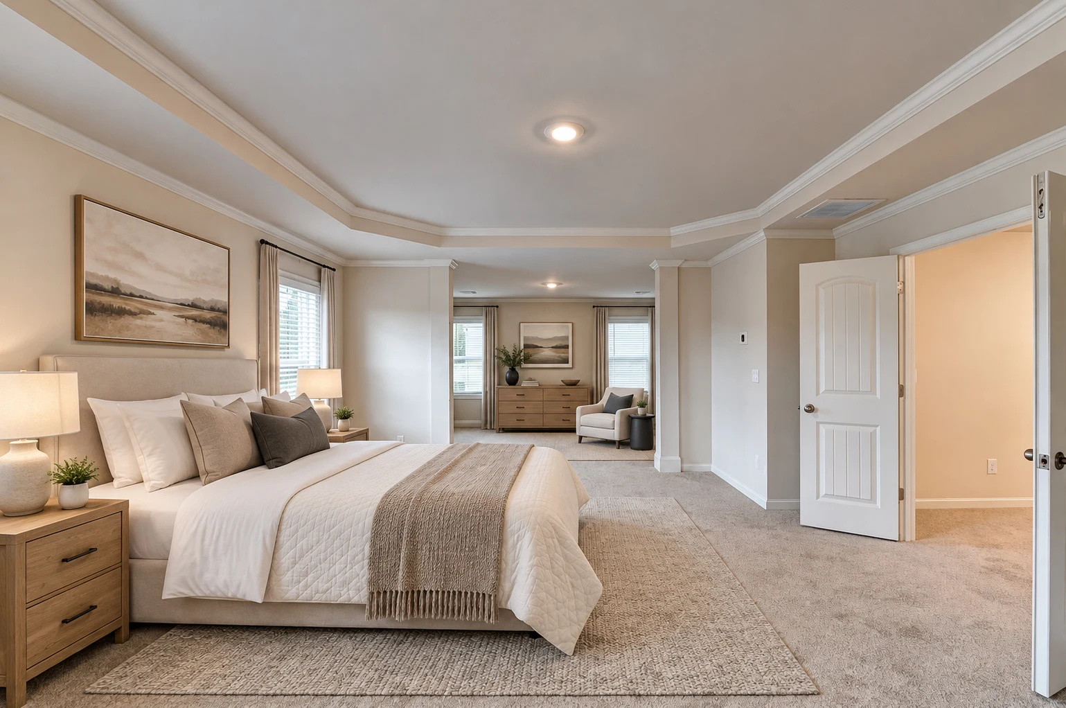 Primary bedroom with tray ceiling and windows — virtually staged